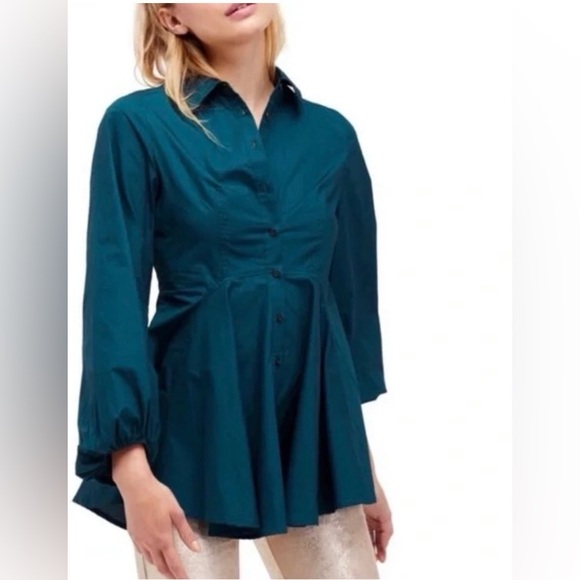 FREE PEOPLE Dark Teal Green All The Time Long Sleeve Tunic Peplum Blouse - Picture 2 of 10